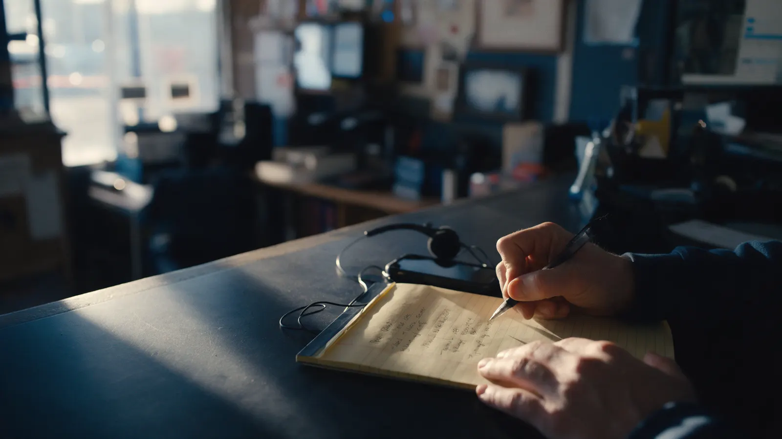 Hands writing call notes on a legal pad beside a phone and a headset, in early morning light